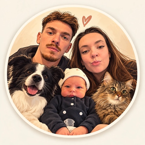 Portrait dessiné de la famille : Alexis, Alana, Sacha, Uno et Oseille